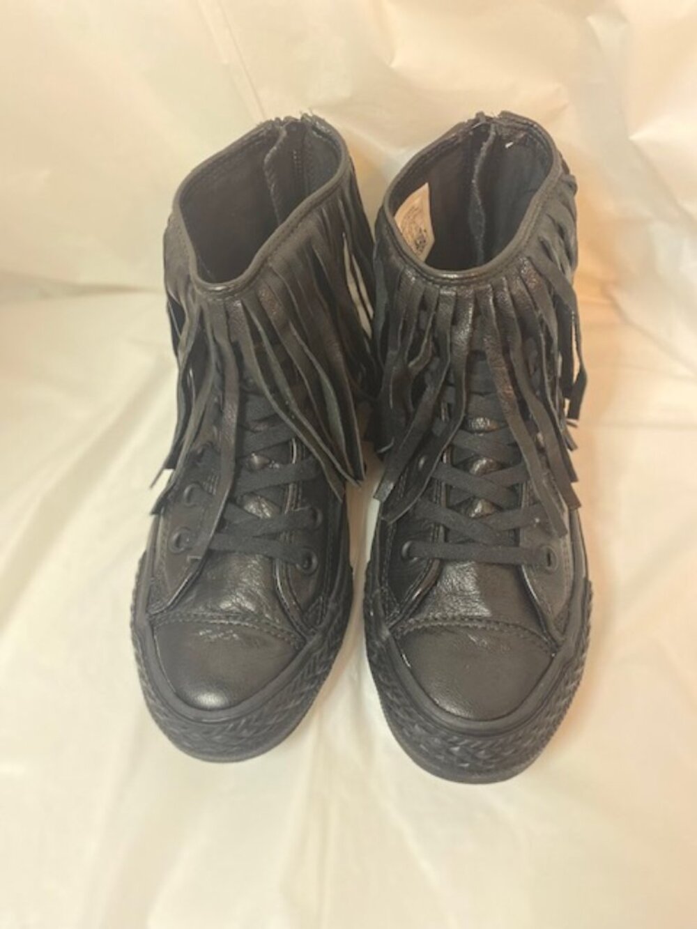 Converse Chuck Taylor All Star Fringe Black Leather High Top Sneakers, size 6.5